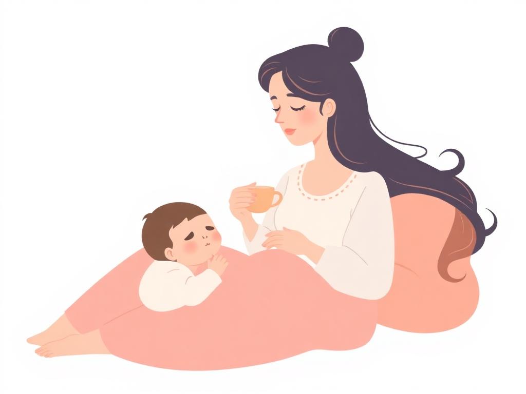 Illustration of a mother resting while her baby naps