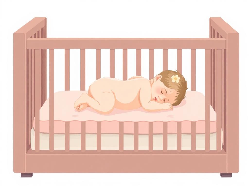 Illustration of a baby sleeping on their back in a bare crib