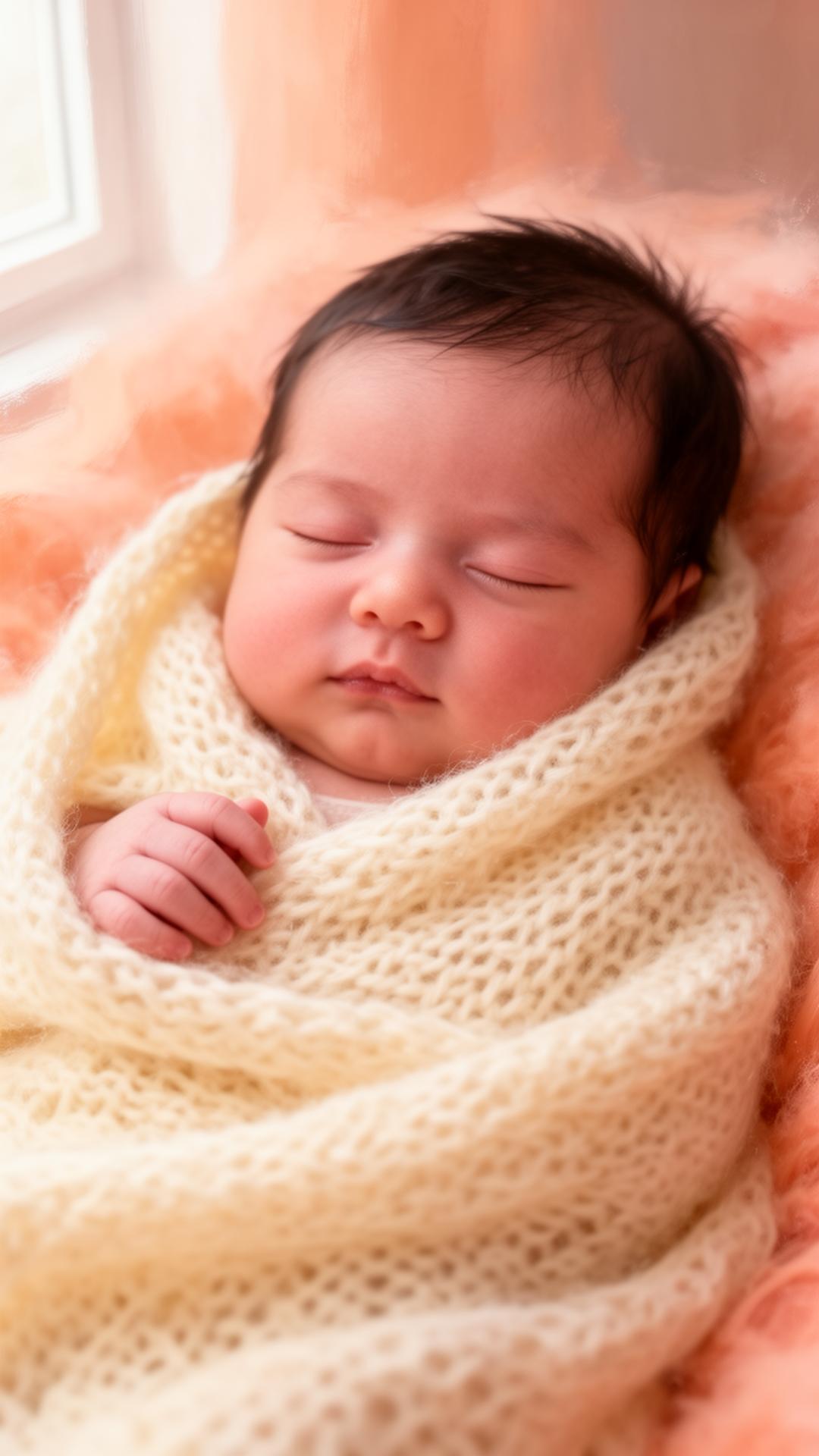A peaceful sleeping newborn wrapped in a cream knit blanket