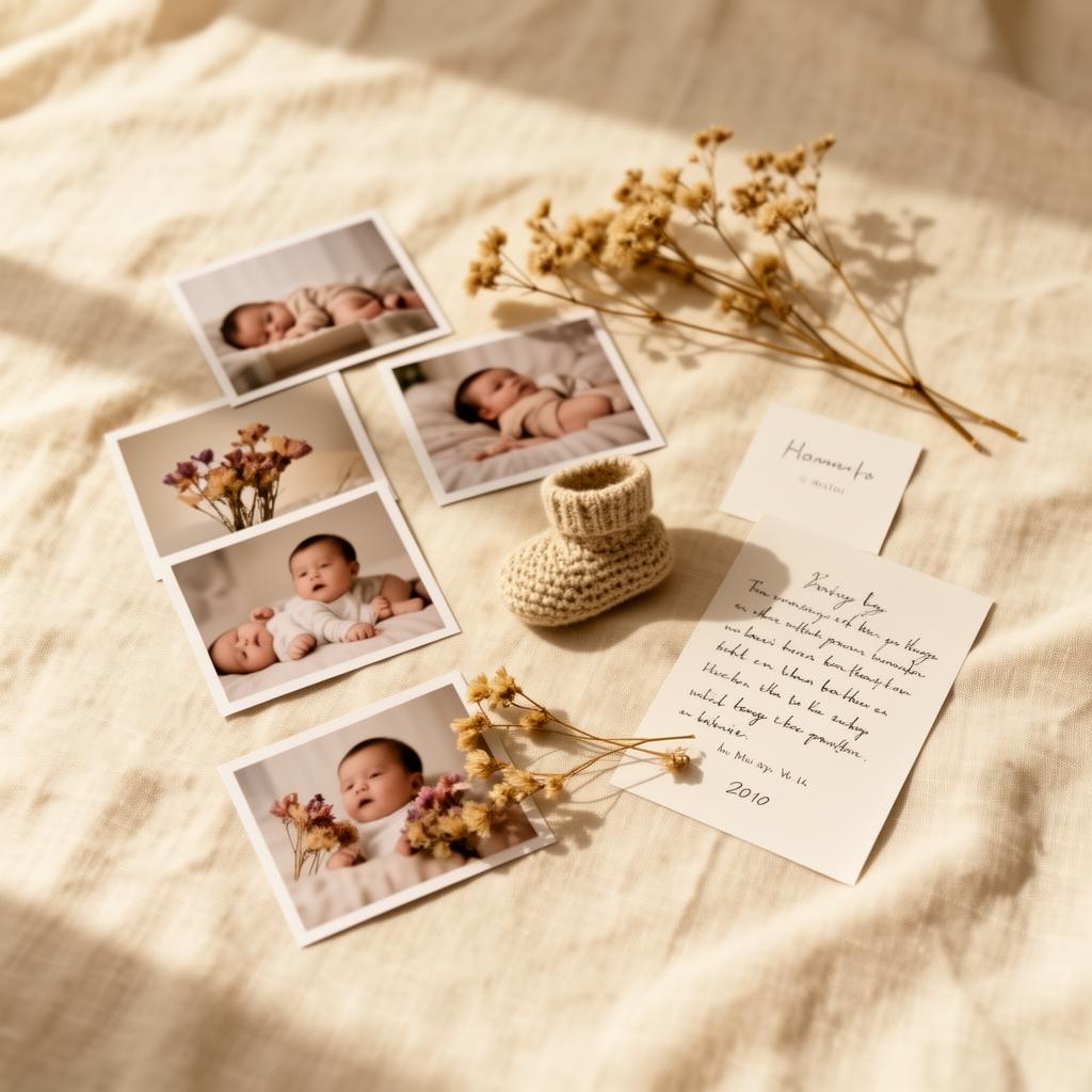 A flat lay of baby photos, dried flowers, and a tiny bootie on linen